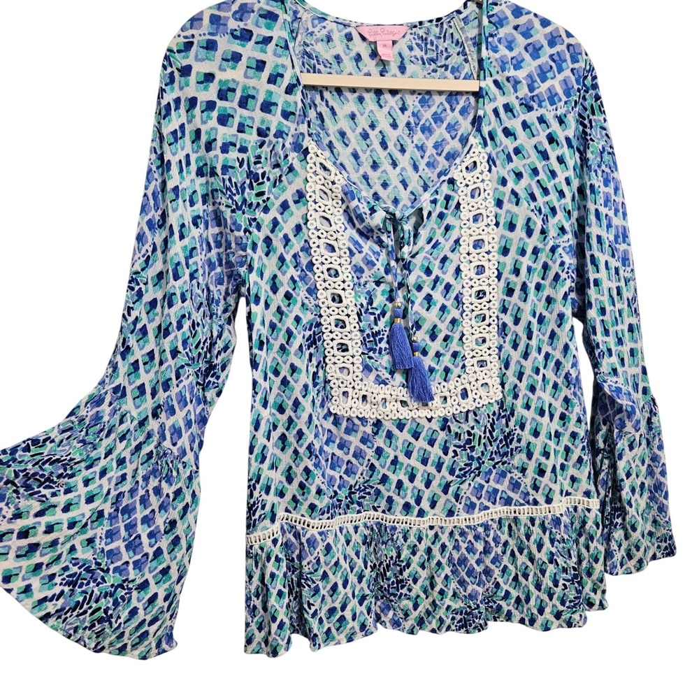 Lilly Pulitzer Tassel Peplum Top Amisa Boho Crochet Beachy Blouse Blue White M